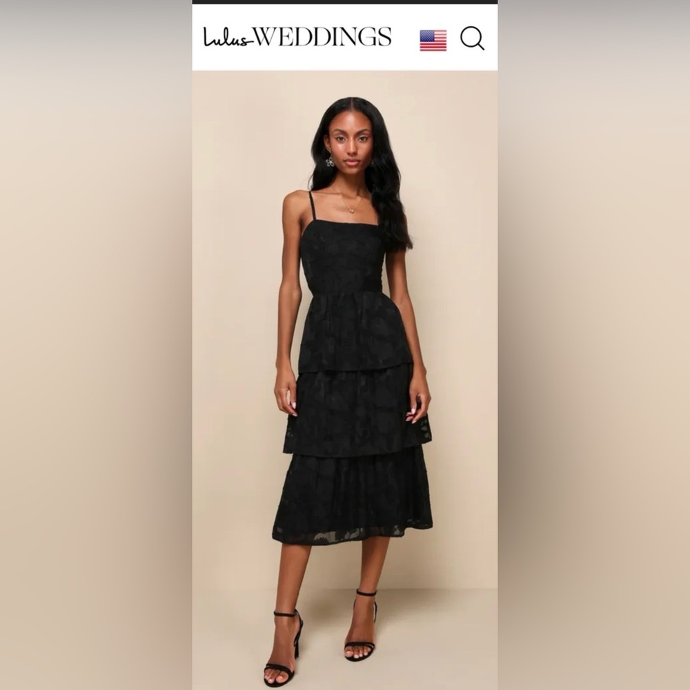 Black Wedding Guest Midi Dress – Ruffle Tiered Spaghetti Strap